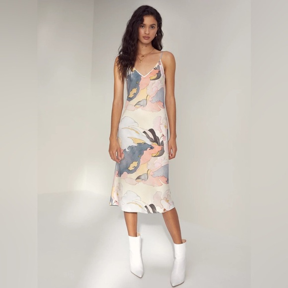 Aritzia Satin Slip Midi Dress in Cream, Pink & Blue Abstract Print